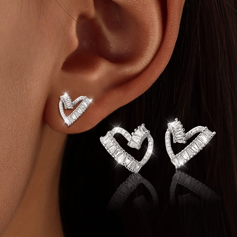 Baguette Crystal Heart Stud Earrings