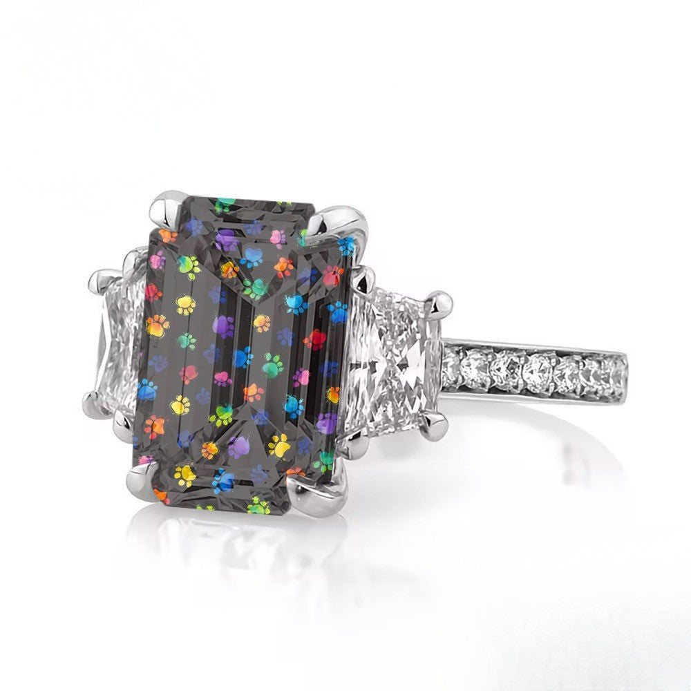 Colorful Paw Print Emerald Cut Ring