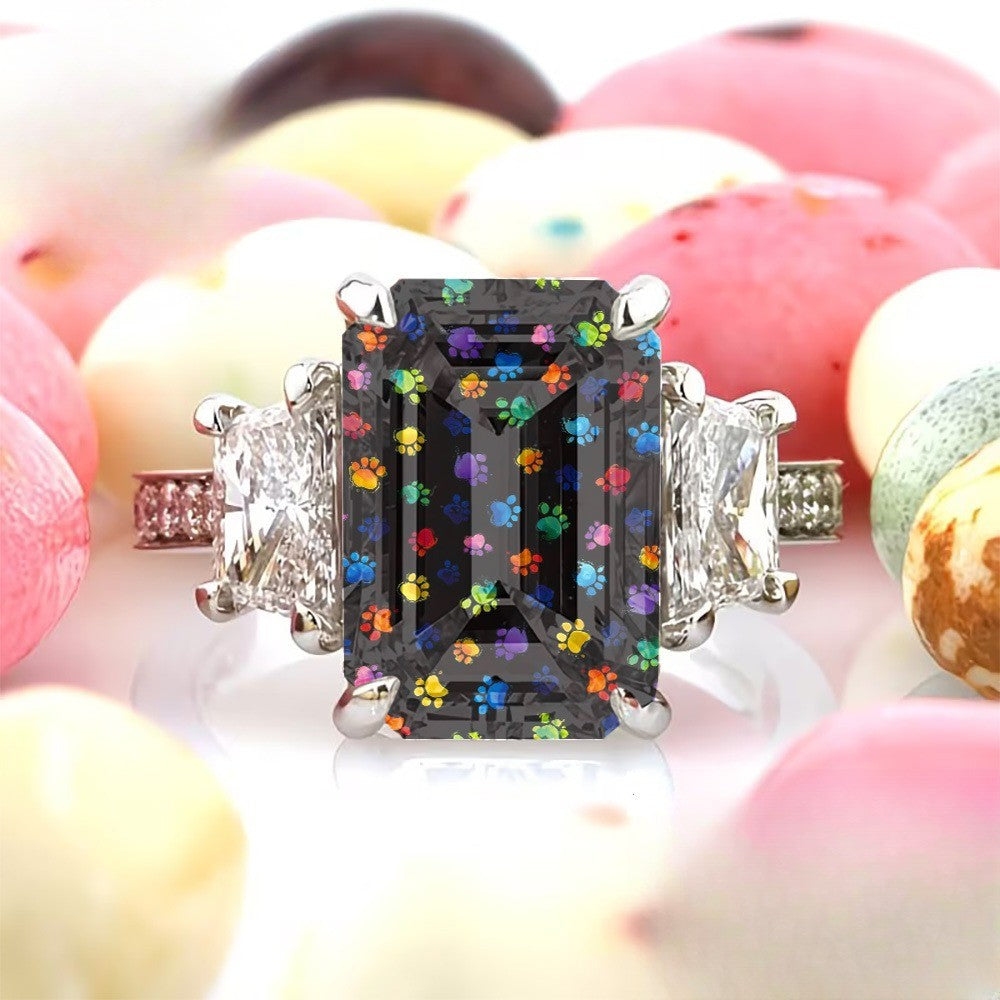 Colorful Paw Print Emerald Cut Ring