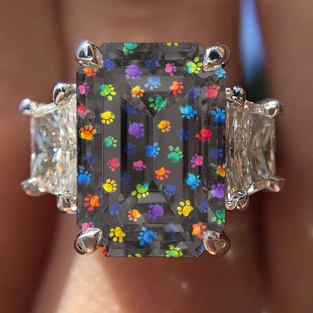 Colorful Paw Print Emerald Cut Ring