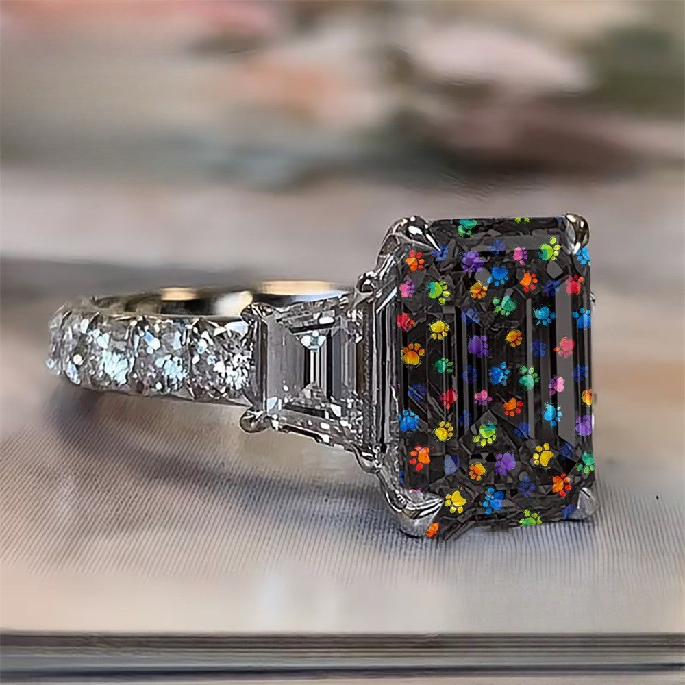 Colorful Paw Print Emerald Cut Ring