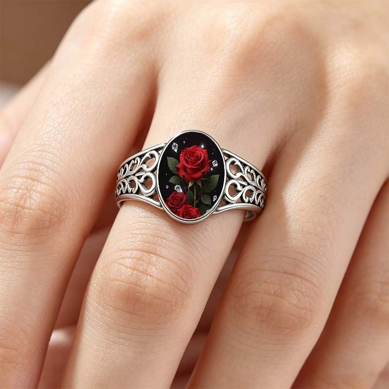 Red Rose Filigree Oval Ring