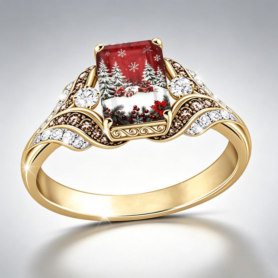 Snowflake Gift Scene Square Ring