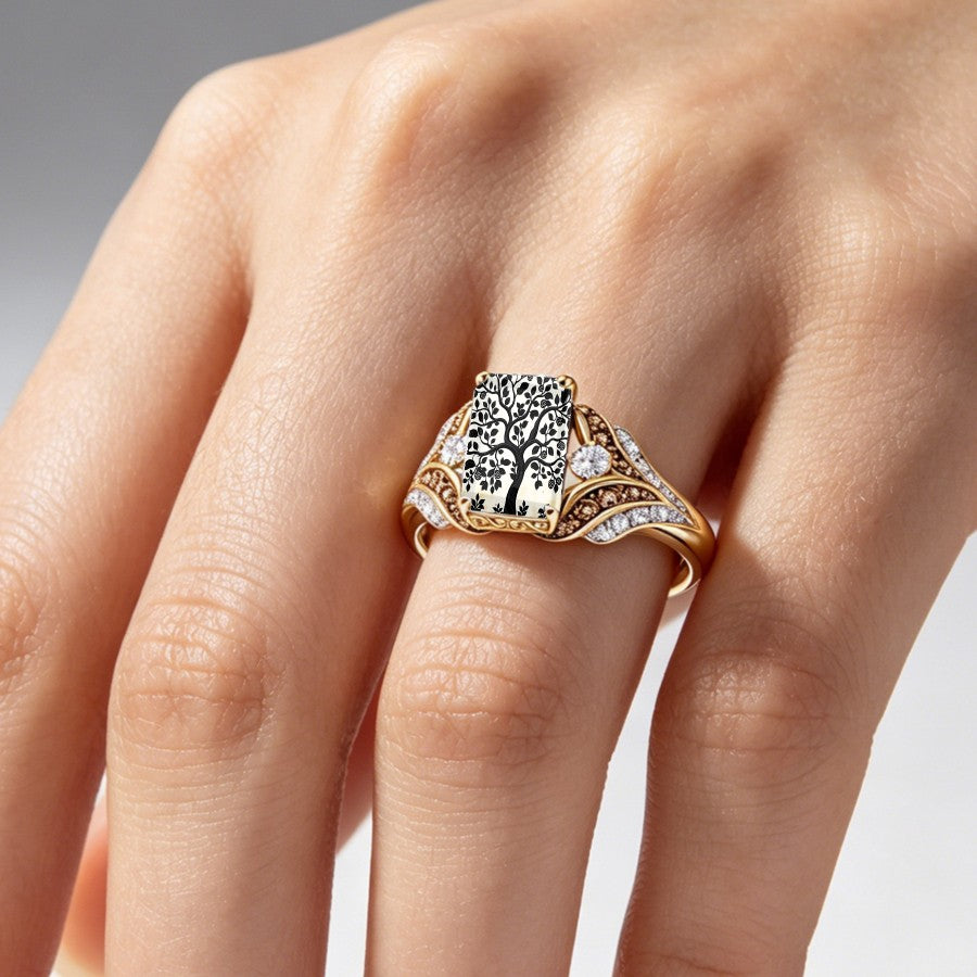 Black Tree of Life Crystal Square Ring