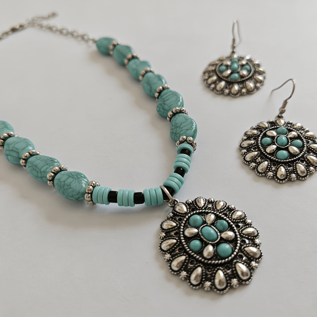 Turquoise Medallion Necklace & Earring Set