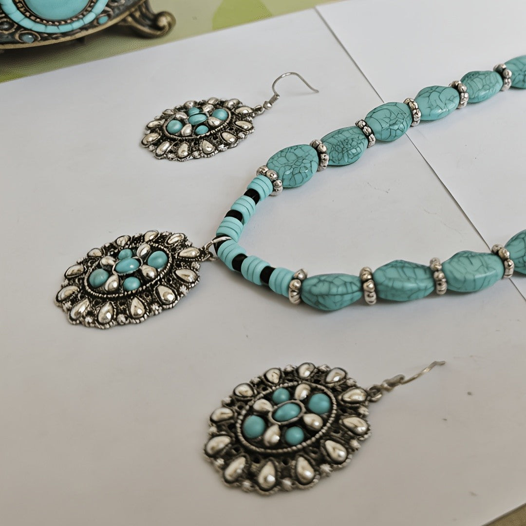 Turquoise Medallion Necklace & Earring Set