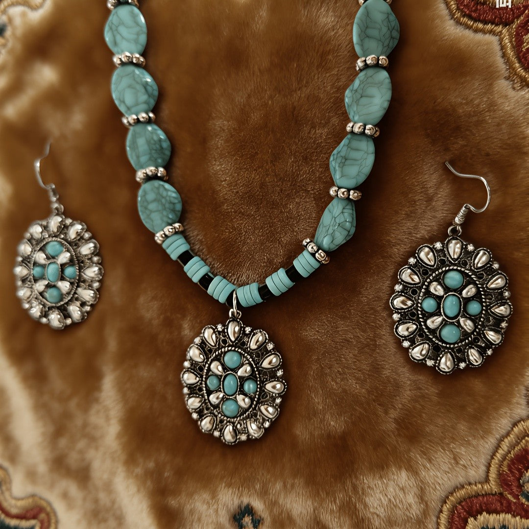 Turquoise Medallion Necklace & Earring Set