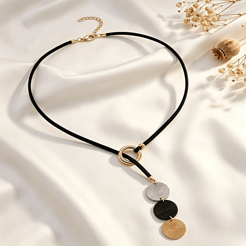 Three-Tone Textured Disc Cord Necklace