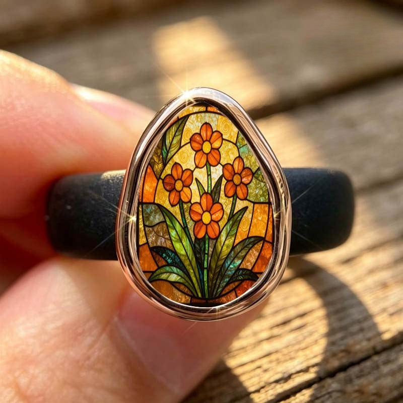 Orange Floral Stained Glass Black Band Ring