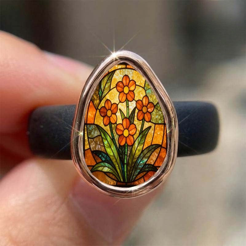 Orange Floral Stained Glass Black Band Ring