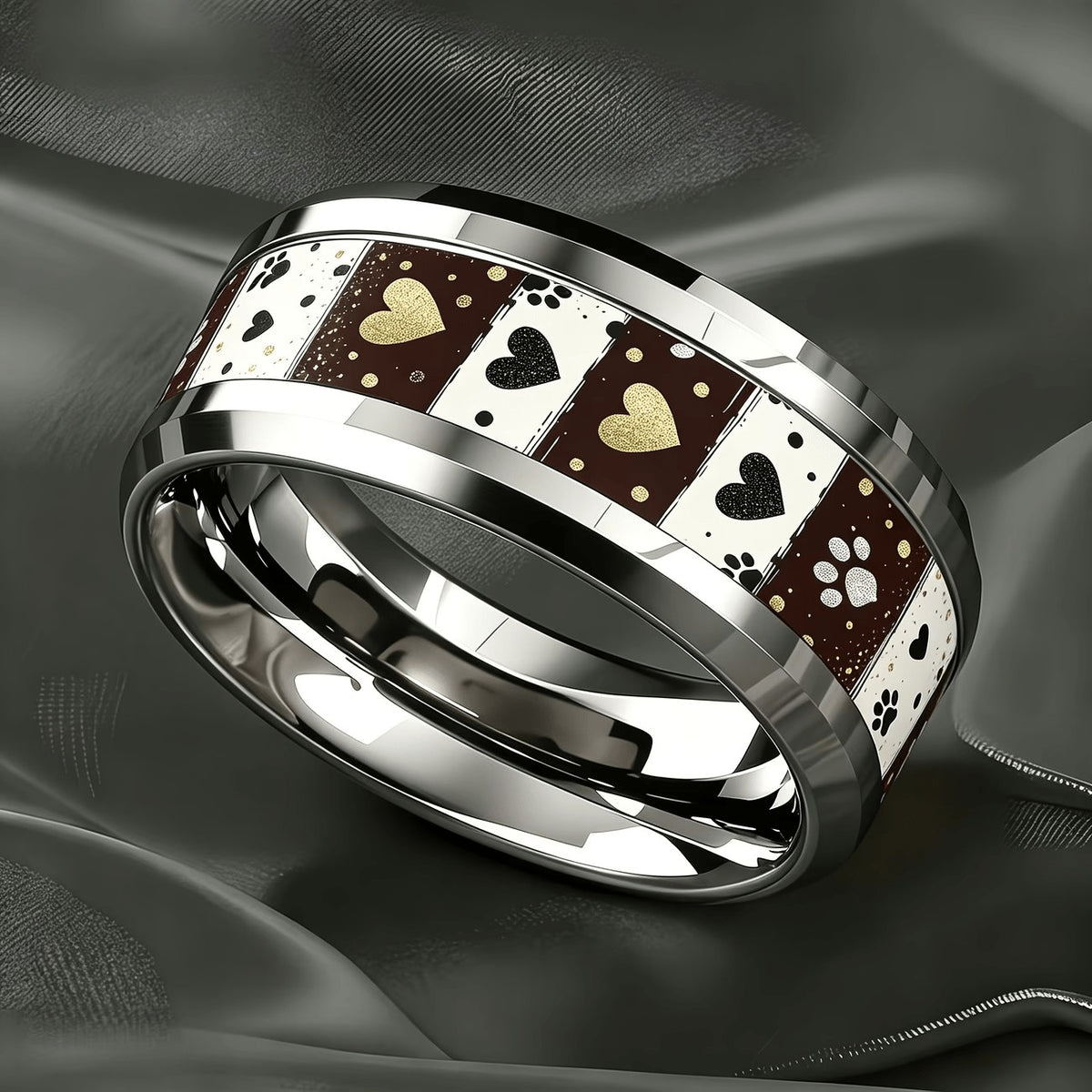 Striped Heart & Paw Print Ring