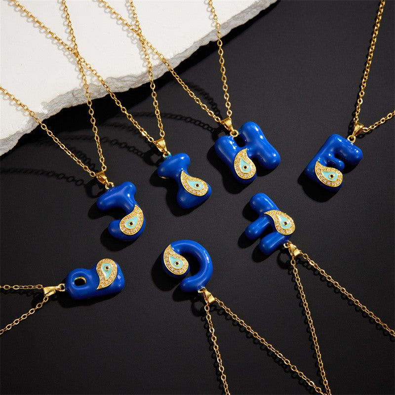 Blue Initial Evil Eye Necklace