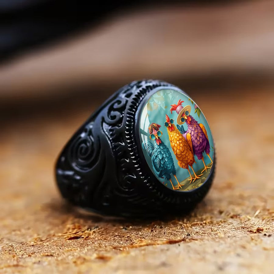 Colorful Rooster Glass Dome Ring