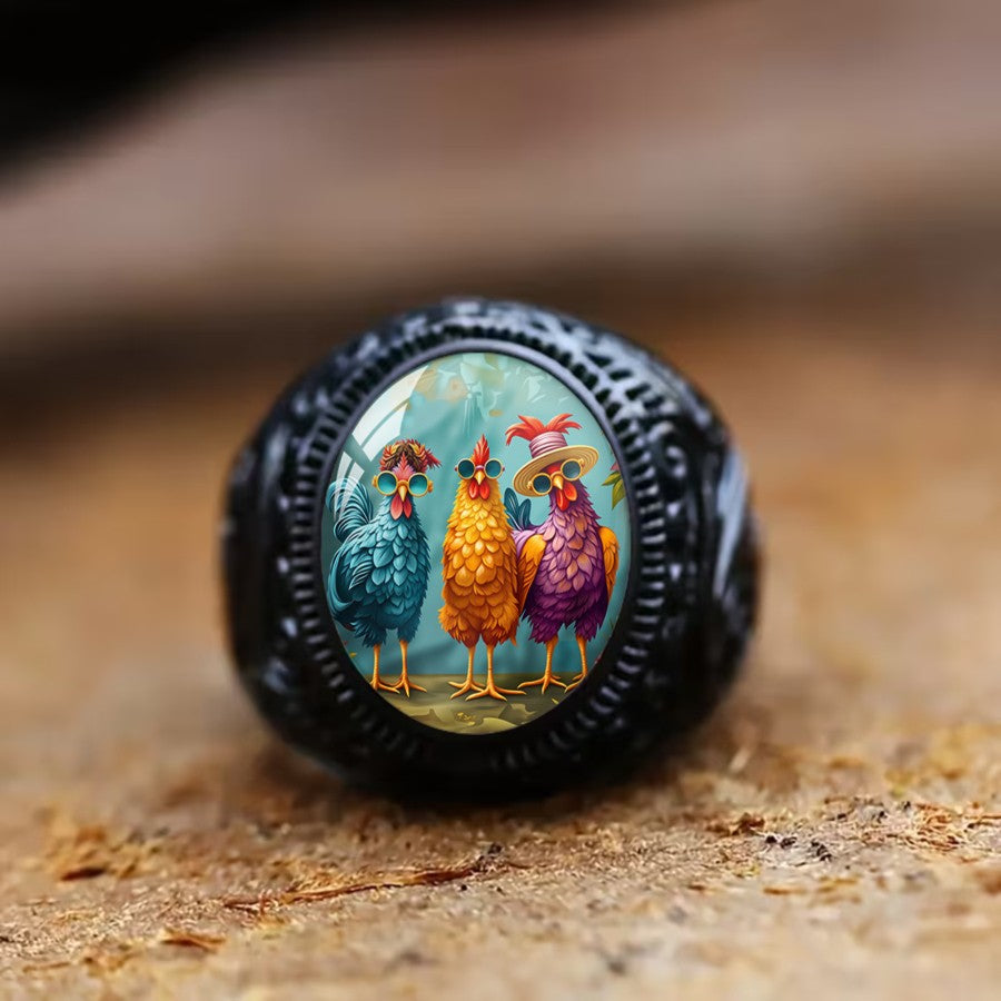 Colorful Rooster Glass Dome Ring