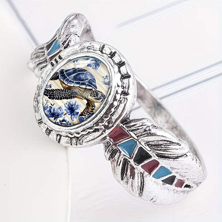 Sea Turtle & Feather Oval Ring