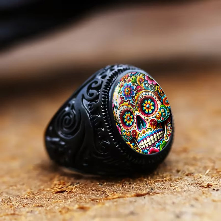 Colorful Floral Skull Oval Ring