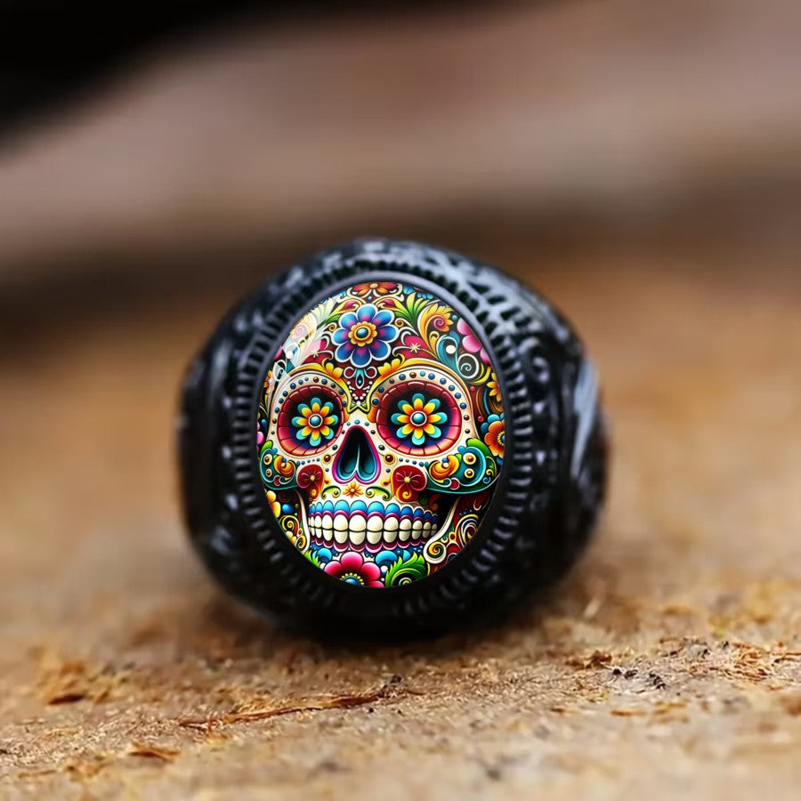 Colorful Floral Skull Oval Ring