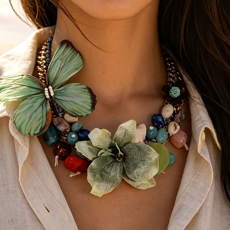 Green Butterfly & Floral Statement Necklace