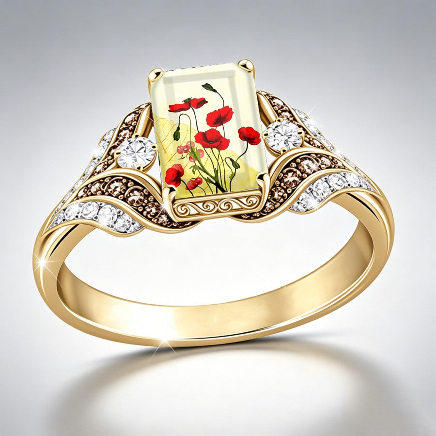 Red Poppy Glass Square Ring