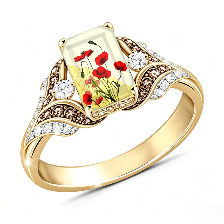 Red Poppy Glass Square Ring