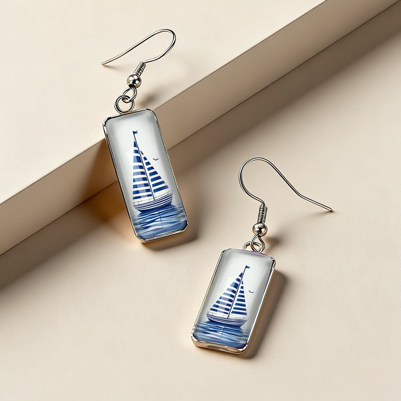 Striped Sailboat Rectangle Earrings