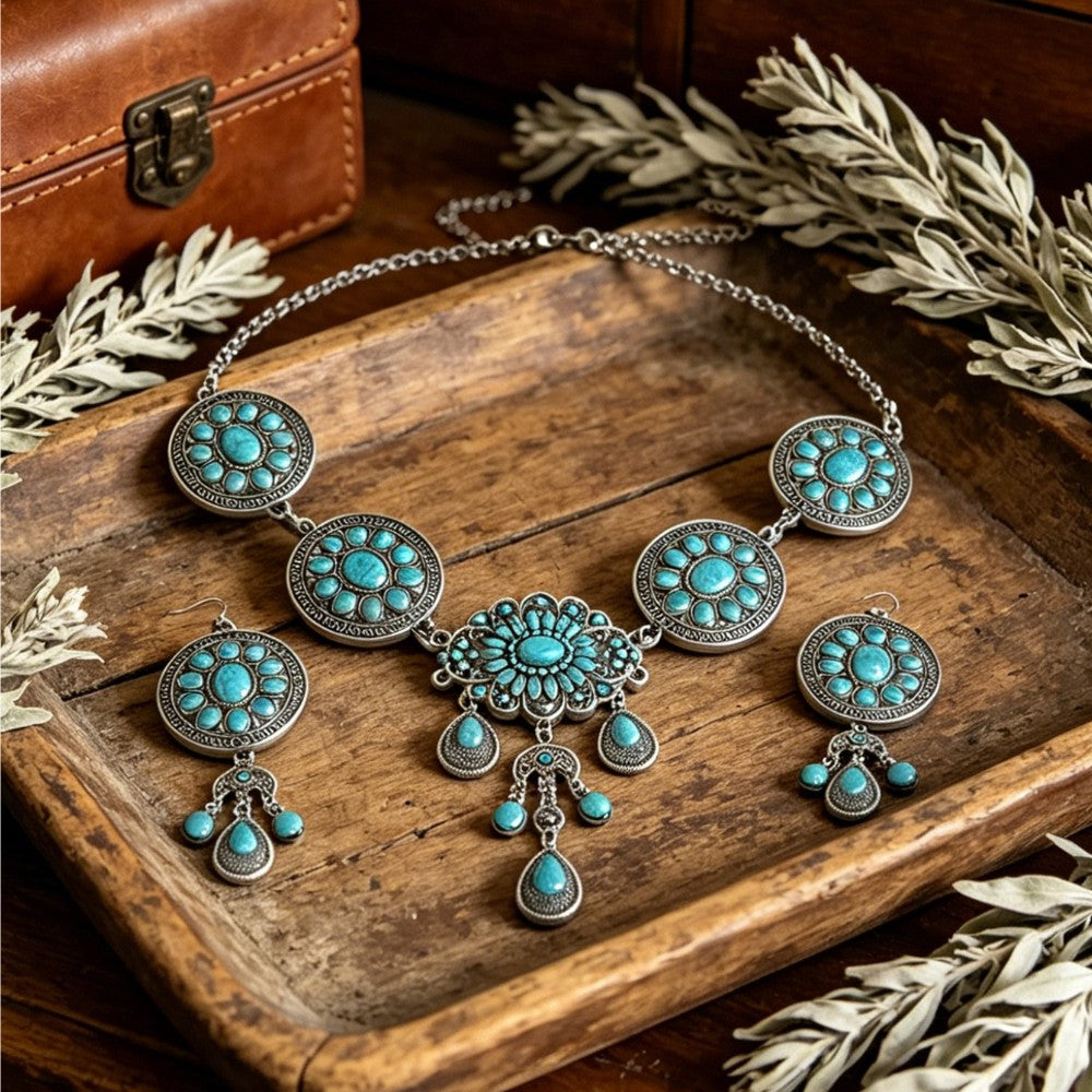 Turquoise Medallion Tiered Necklace Set