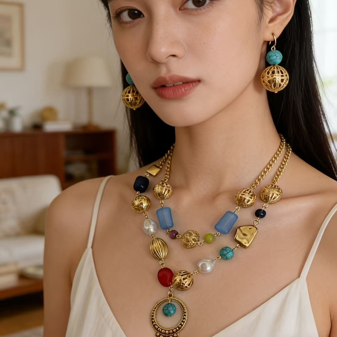 Multicolor Beaded Lariat Necklace & Earring Set