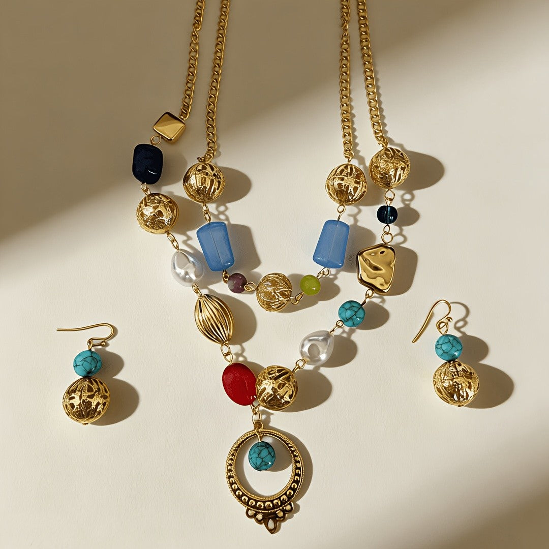 Multicolor Beaded Lariat Necklace & Earring Set