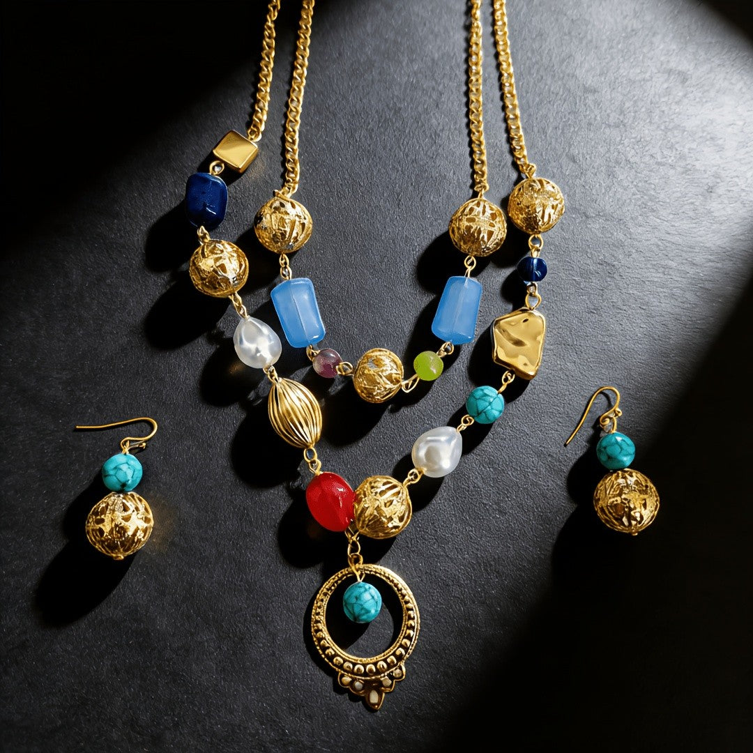Multicolor Beaded Lariat Necklace & Earring Set