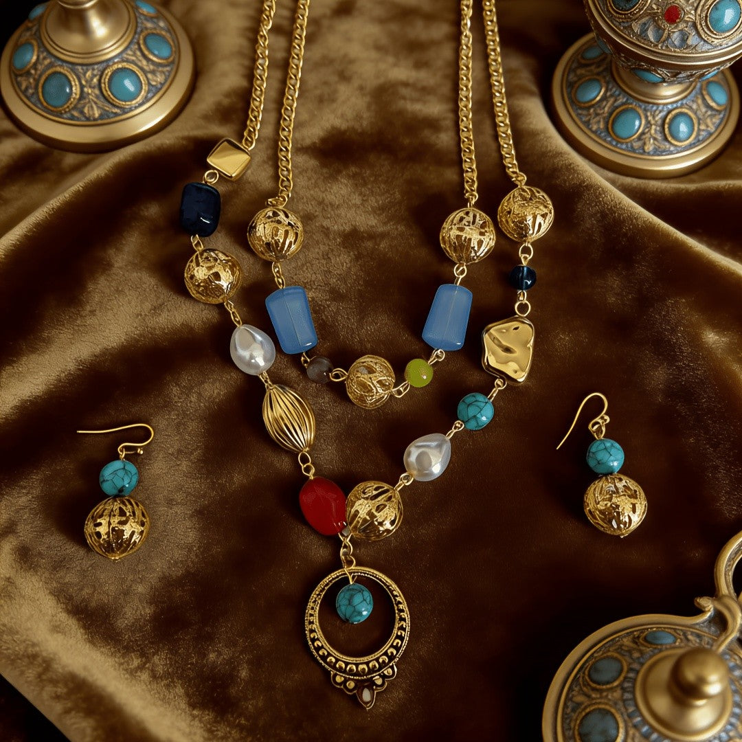 Multicolor Beaded Lariat Necklace & Earring Set