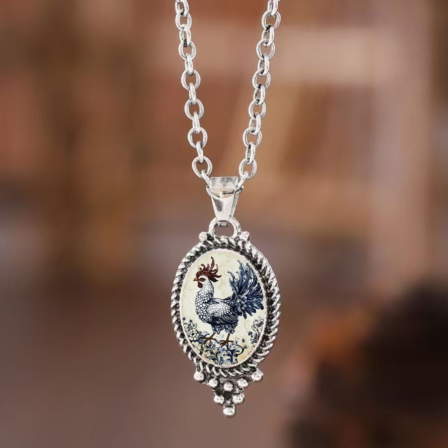 Blue Rooster Porcelain Oval Pendant Necklace