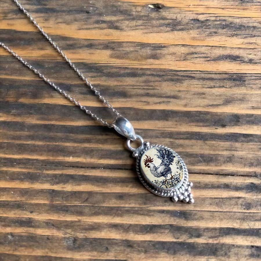 Blue Rooster Porcelain Oval Pendant Necklace