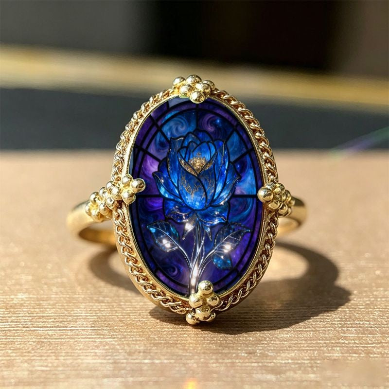 Blue Rose Stained Glass Oval Ring
