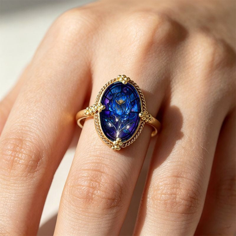 Blue Rose Stained Glass Oval Ring