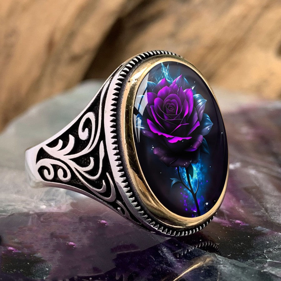 Purple Rose & Scrollwork Oval Ring