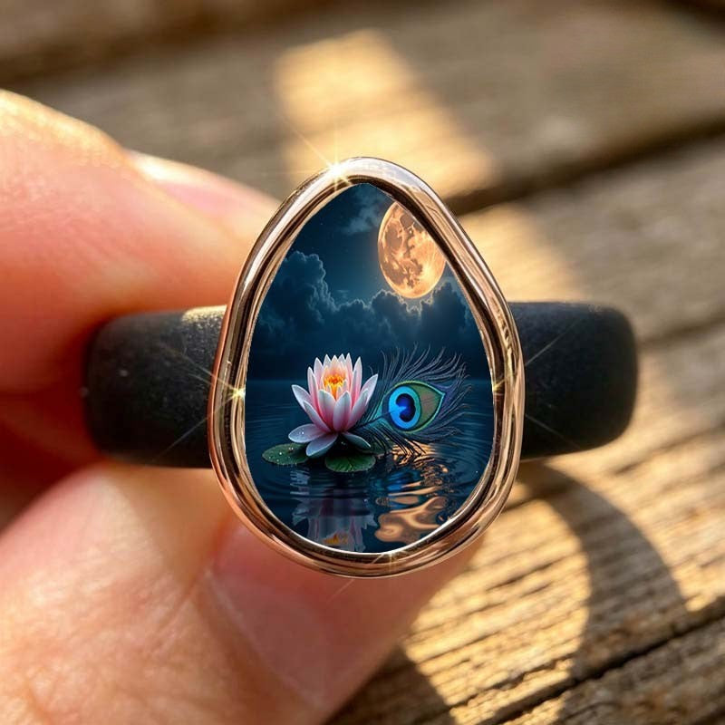 Lotus & Peacock Teardrop Ring