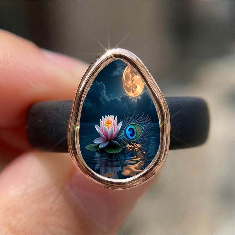 Lotus & Peacock Teardrop Ring