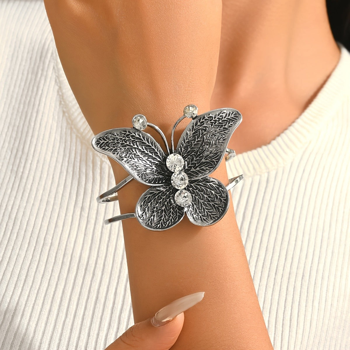 Textured Butterfly Crystal Cuff Bangle