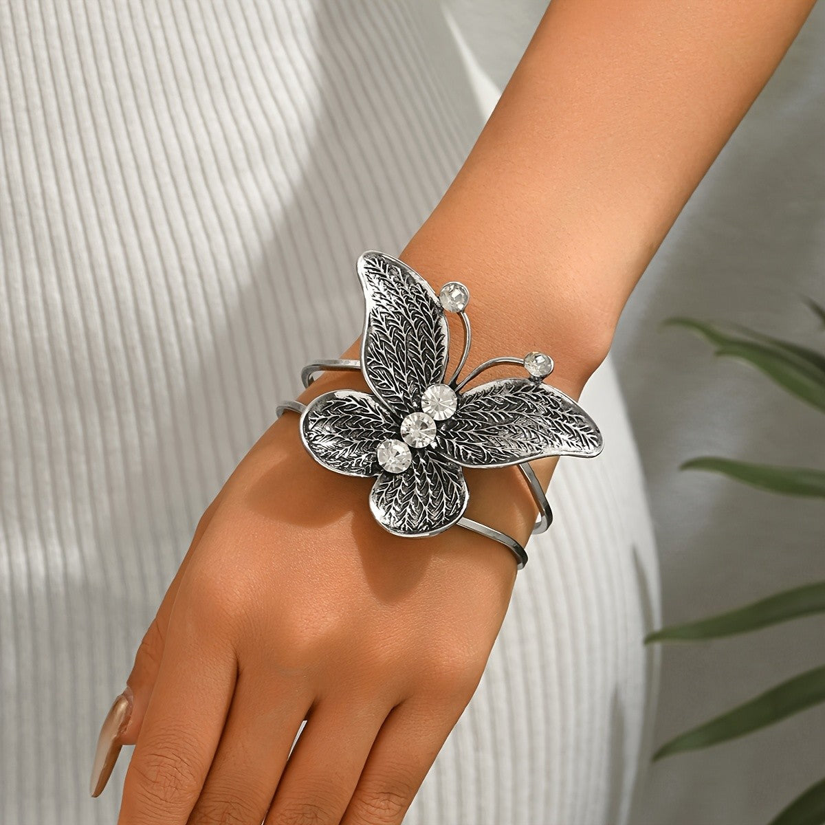 Textured Butterfly Crystal Cuff Bangle