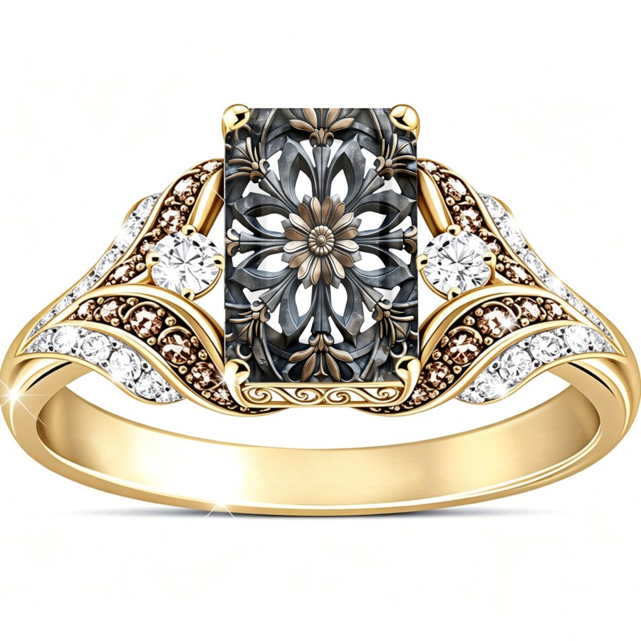 Ornate Floral Medallion Square Ring