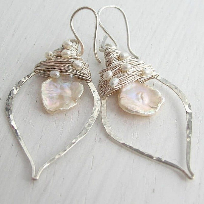 Wire Wrapped Shell Leaf Earrings