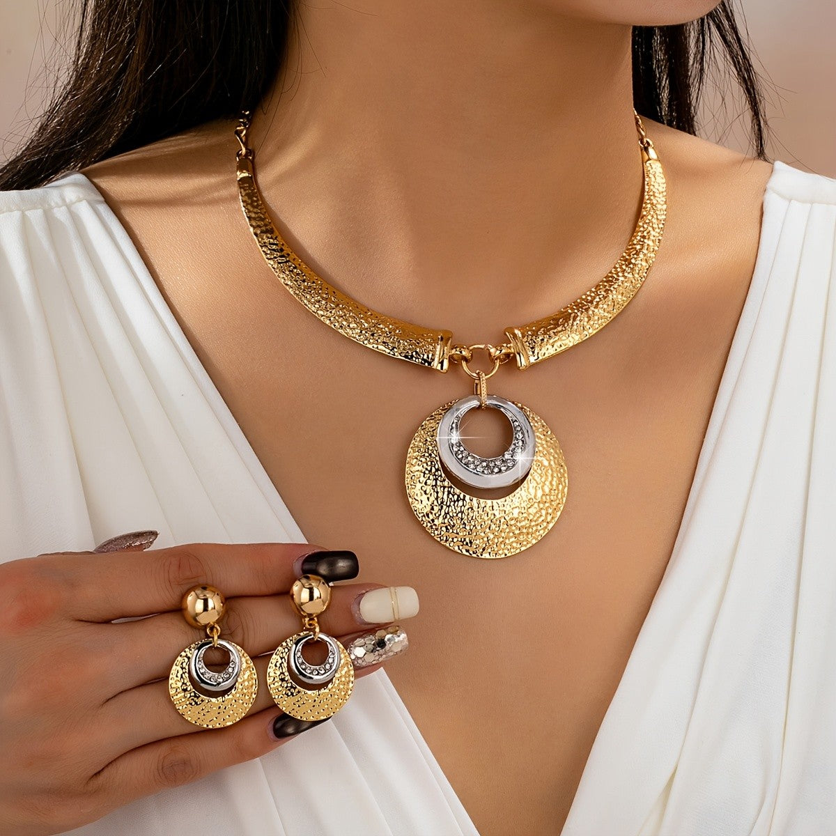 Textured Dual-Tone Disc Necklace & Earring Set
