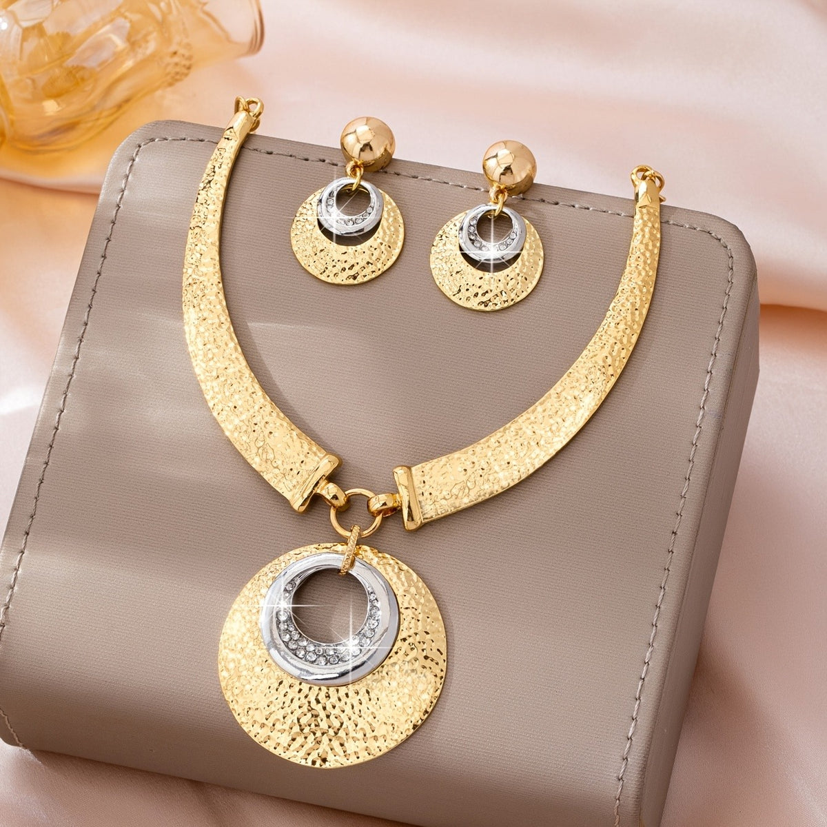 Textured Dual-Tone Disc Necklace & Earring Set