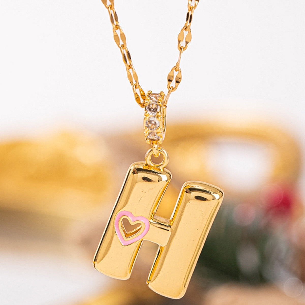 Pink Heart Initial H Necklace