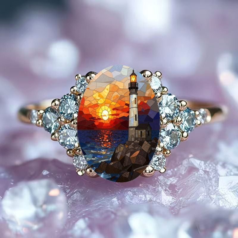 Lighthouse Sunset Mosaic Oval Ring