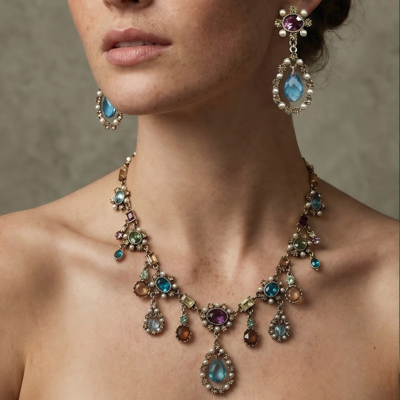 Multicolor Gemstone Water Drop Necklace & Earring Set