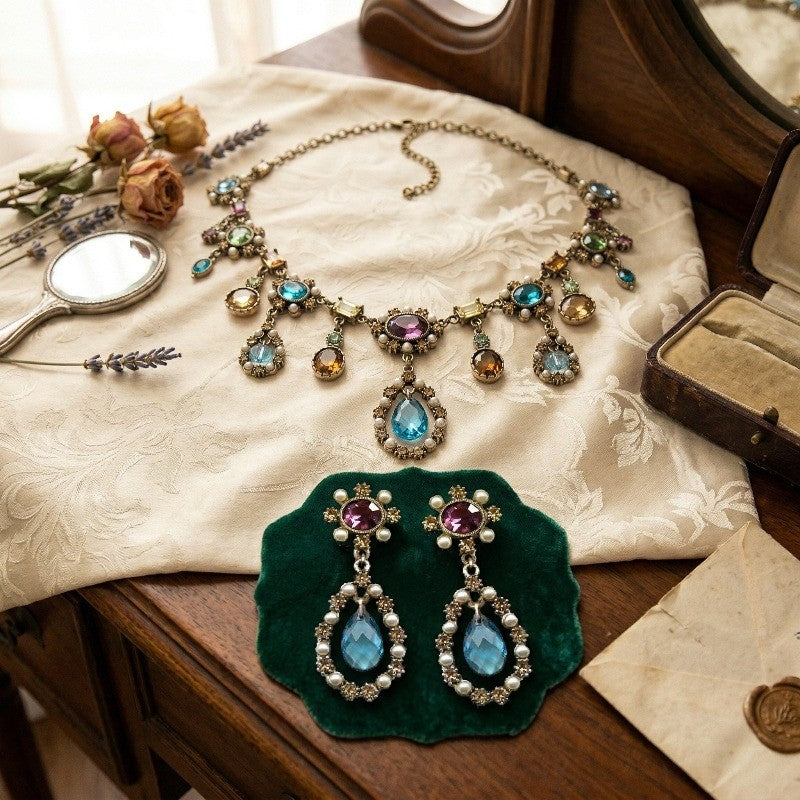 Multicolor Gemstone Water Drop Necklace & Earring Set