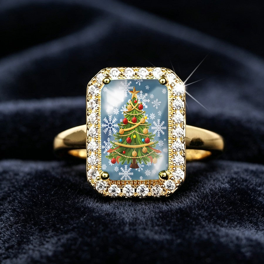 Snowflake Christmas Tree Rectangular Ring