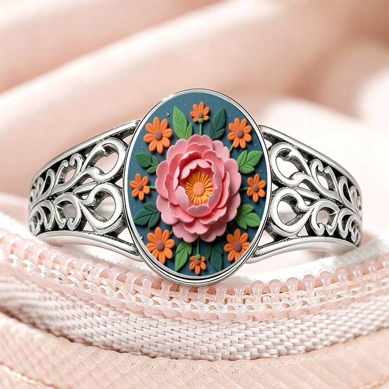 Pink Floral Filigree Oval Ring