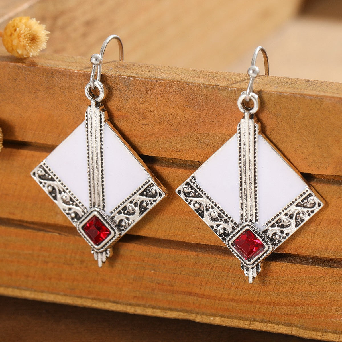 Red Square Scroll Earrings